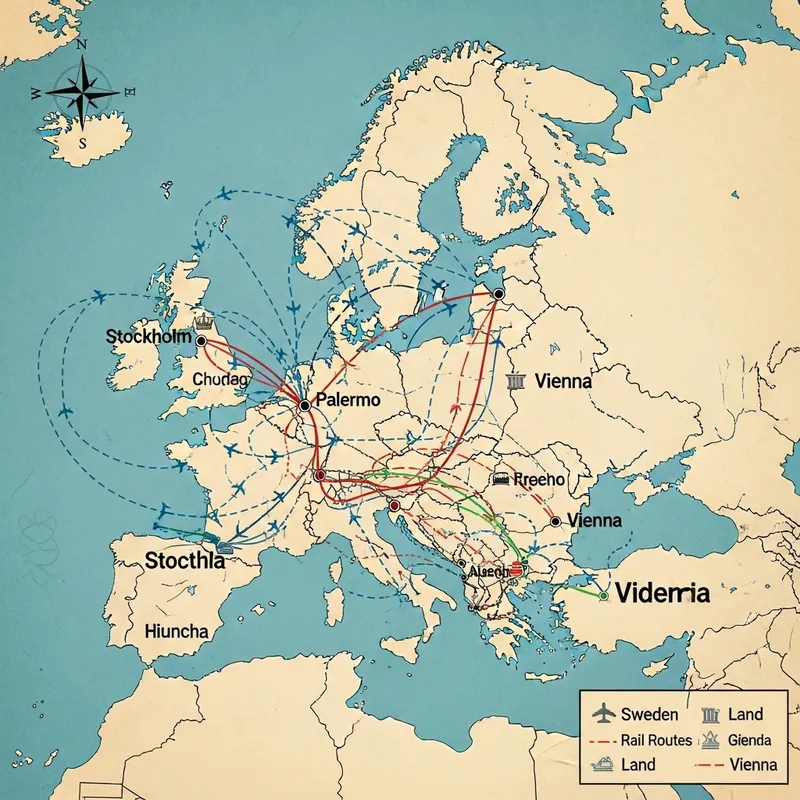 Europe Map: Stockholm, Palermo, Vienna & Routes to Sweden, Italy, Austria with Different Routes