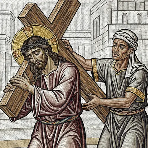 Mosaic Sketch: Jesus Carrying Cross with Helping Hand
