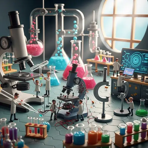 Whimsical 3D Cartoon Lab Scene with Tiny Workers