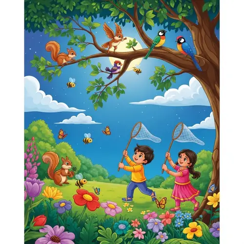 Vibrant Children's Garden Scene at Night - Playful Squirrels, Busy Bees, Beautiful Birds