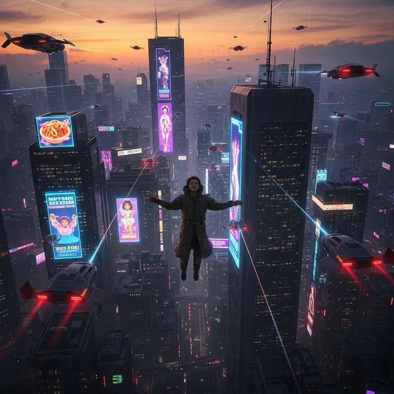 Tranquil Figure Falling in Blade Runner-Inspired Scene Tranquil Figure Falling in Blade Runner-Inspired Scene
