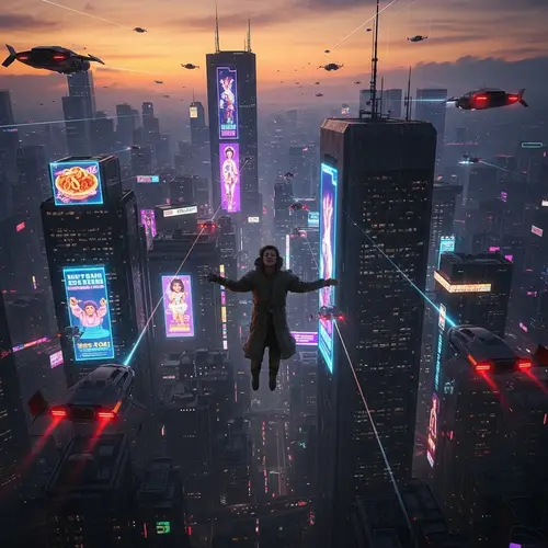 Iconic Falling Scene reminiscent of Blade Runner