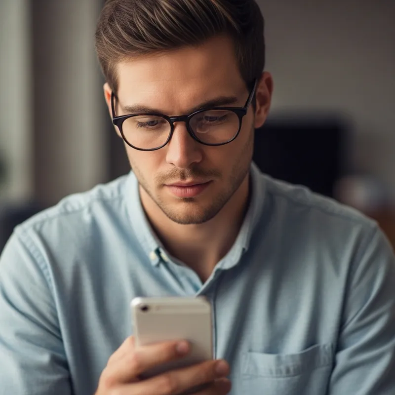 Young Man Reading on Mobile | Engaged and Focused