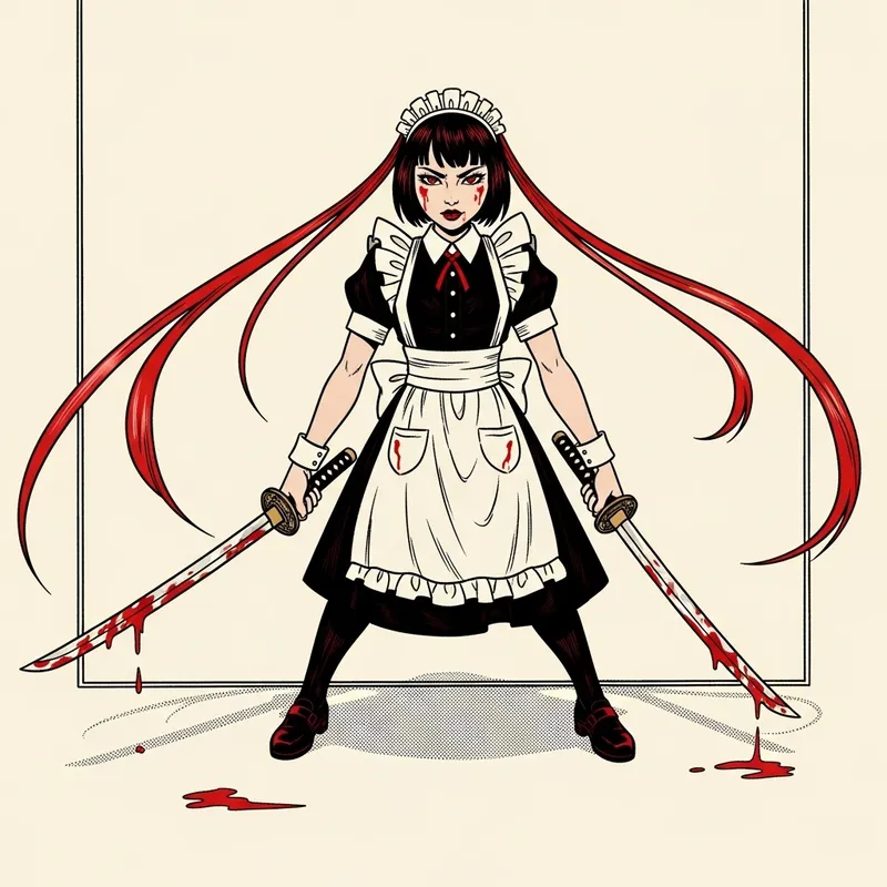 Short Asian Maid Cosplay with Bloody Katanas | Angular Comic Style