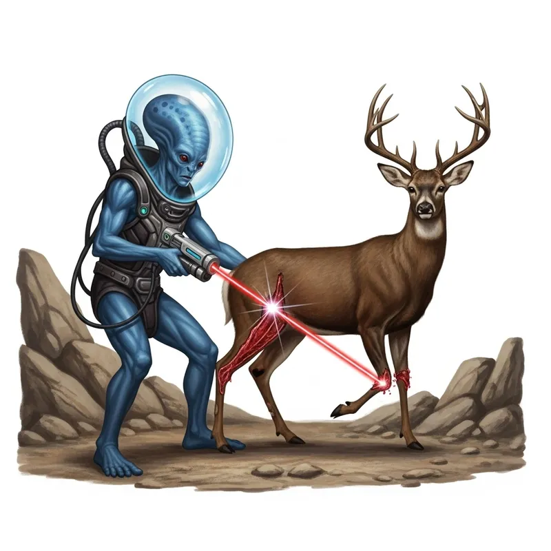 Futuristic Rock Art: Blue Alien Laser-Cuts Deer - Intriguing Scene