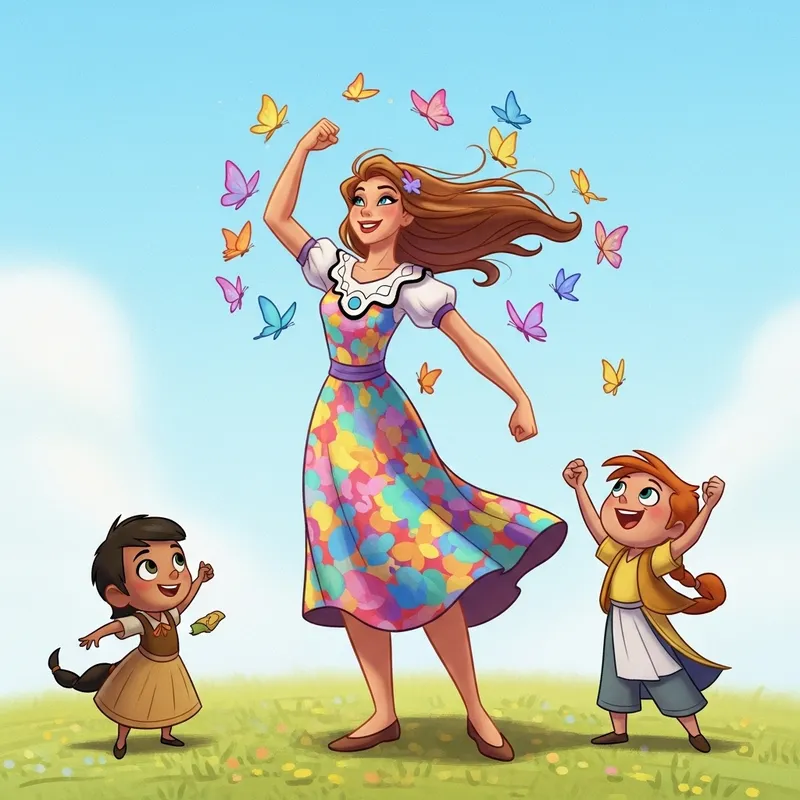 Empowered Woman with Butterfly Companions in Disney Pixar Style