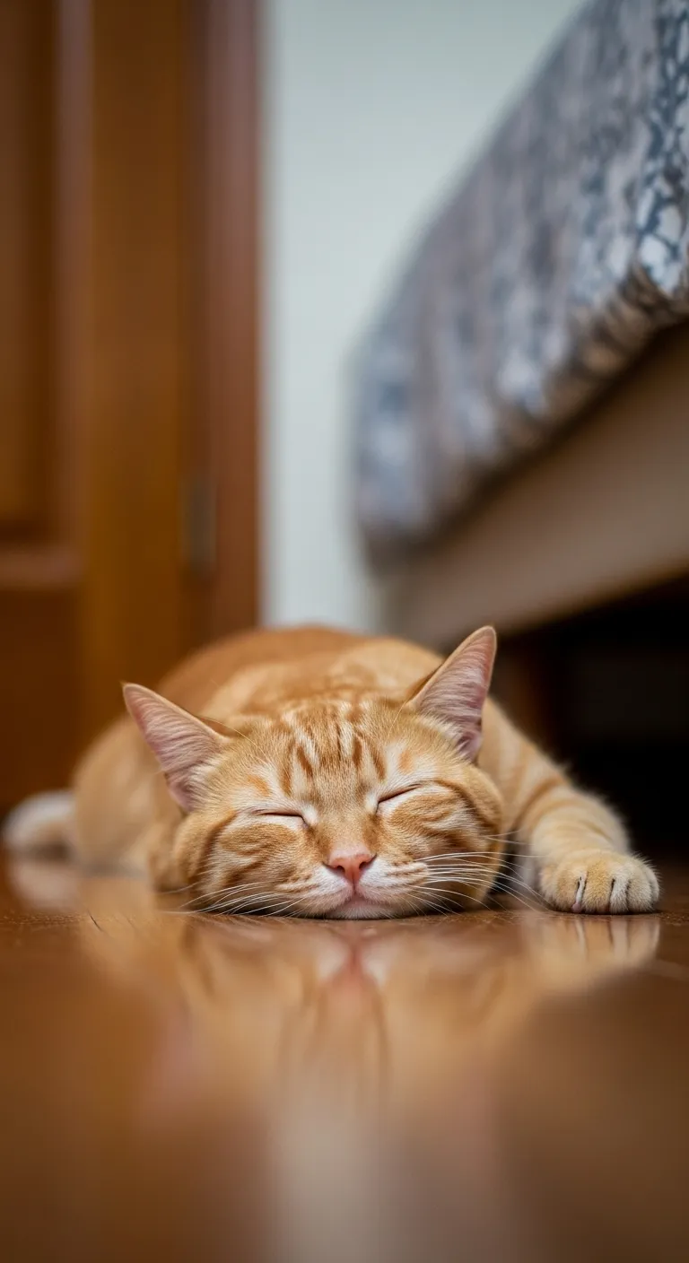 Hyperrealistic Ginger Cat Lying by Bedroom Entrance