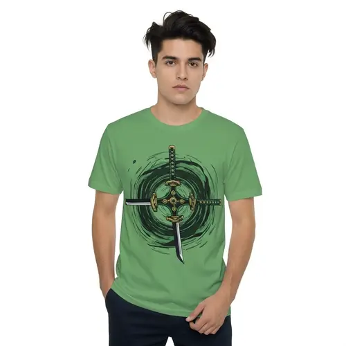 Abstract Green Three-Sword Motif T-Shirt Inspired by Roronoa Zoro