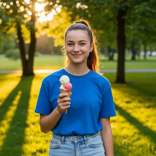 Smiling Girl Enjoying Ice Cream in Sunny Park
