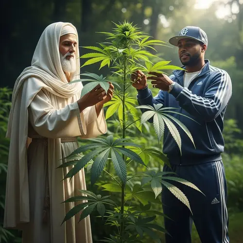 Religious Figure and Hip-Hop Icon Examining Leafy Plant