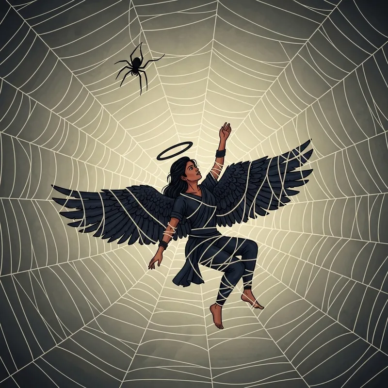 Intricate Spider Web with Dark Angel Reaching for Halo