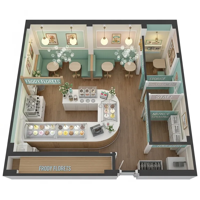 Compact Ice Cream Shop Floor Plan | Frosty Florets Design Compact Ice Cream Shop Floor Plan | Frosty Florets Design