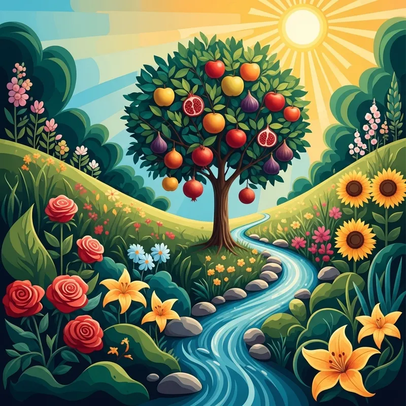 Abstract Fertility: Vibrant Garden, Fruit Tree & Flowing Stream