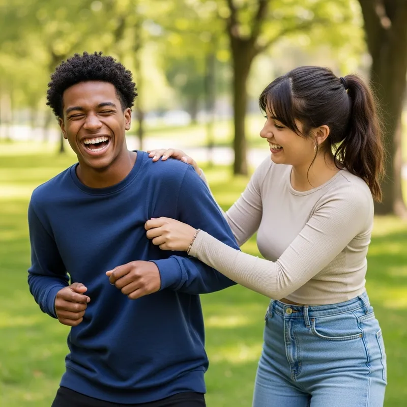 Teen Girl Playfully Tickles Boy in Park