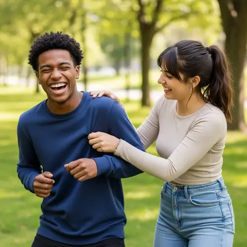 Teen Girl Playfully Tickles Boy in Park