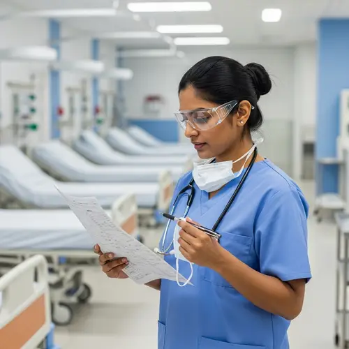 Female South Asian Nurse in Blue Scrubs - Professional Medical Chart Examination