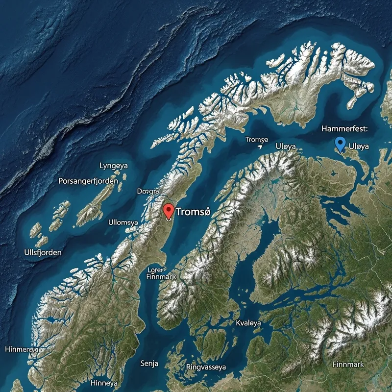 True-to-Scale Satellite Map of Northern Norway with Tromsø, Uløya, and Hammerfest