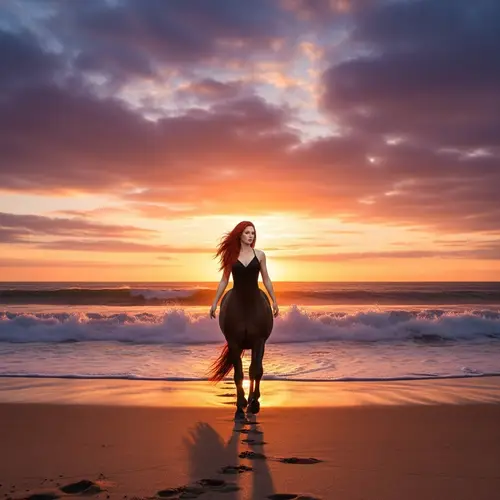 Red-Haired Female Centaur Walking on Sandy Beach at Sunset