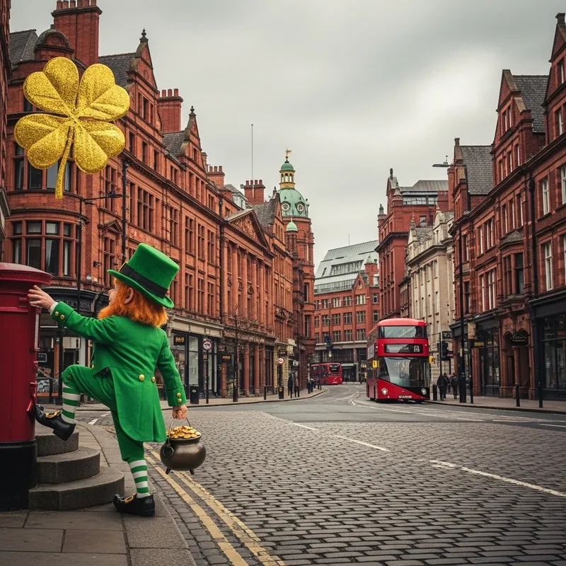 Leprechaun in Birmingham, England - Fantasy Scene with Pot of Gold Leprechaun in Birmingham, England - Fantasy Scene with Pot of Gold