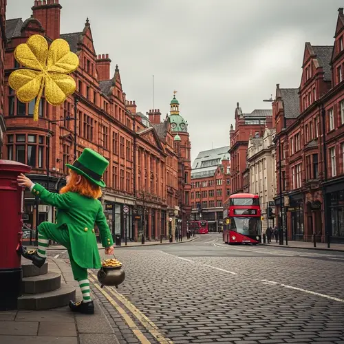 Leprechaun in Birmingham, England - Fantasy Scene with Pot of Gold