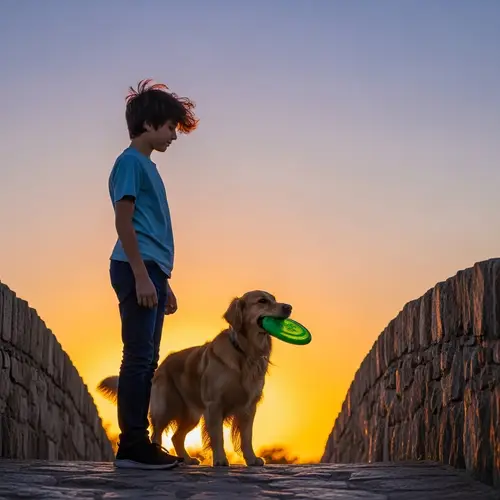 Hispanic Boy and Golden Retriever on Stone Bridge at Sunset