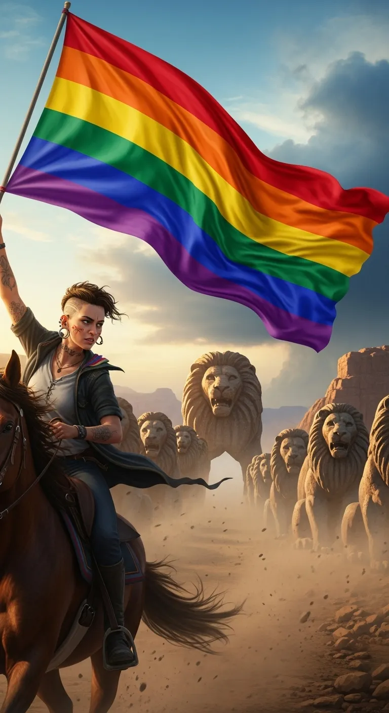 Valiant LGBTQ+ Warrior Riding Horse with Rainbow Flag
