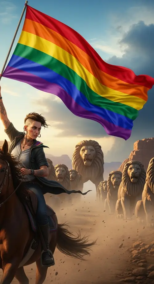 LGBTQ+ Warrior Riding Horse with Rainbow Flag - Fight for Love