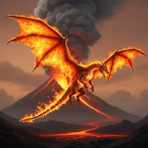 Charizard Soaring Over Flames in Volcanic Landscape | Mythical Dragon