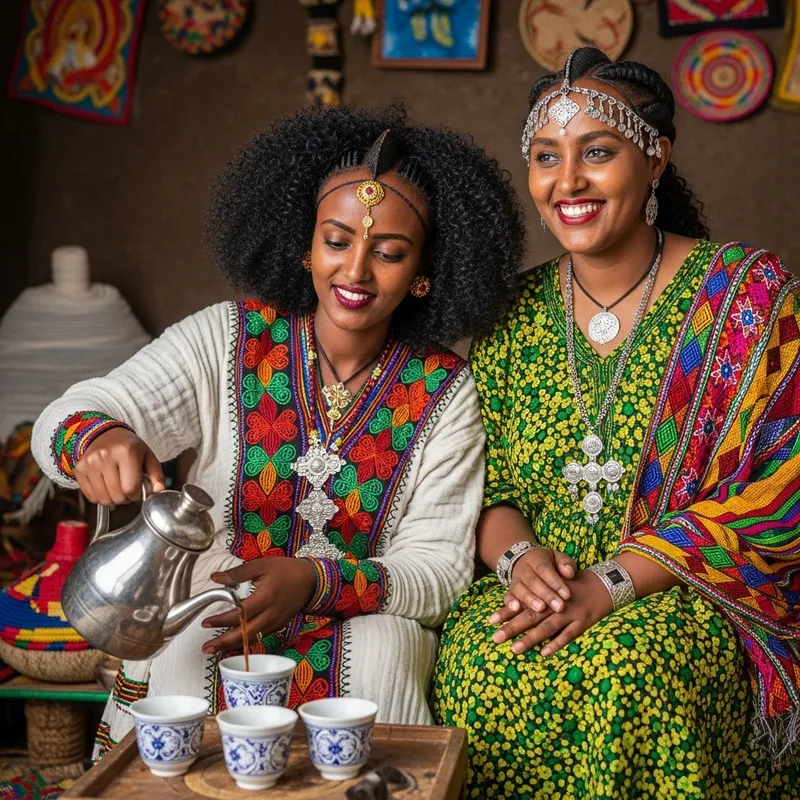 Ethiopia Women - Traditional Coffee Ceremony with Vibrant Attire