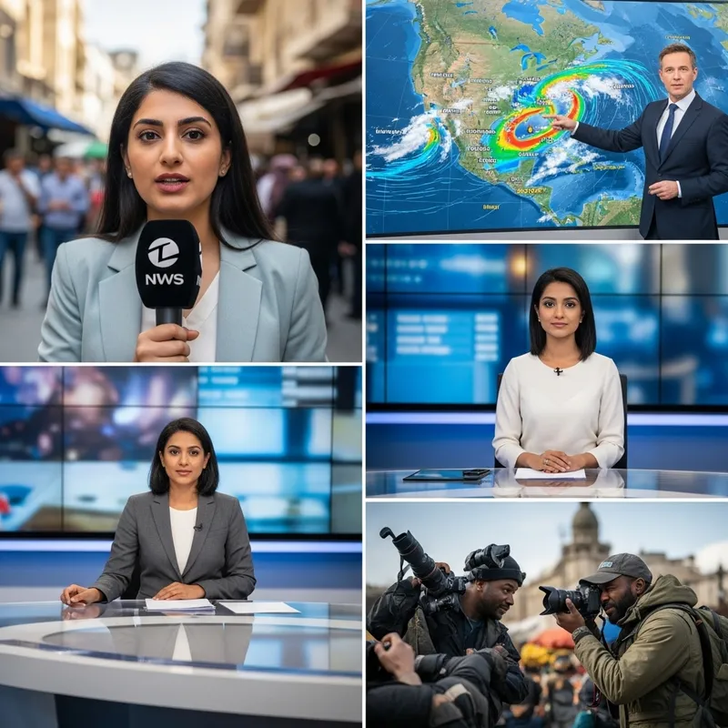 Diverse News Images: Female Journalist, Weather Forecaster, Anchoring & More