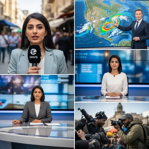 Diverse News Coverage: Female Journalist, Weather Forecaster, Anchoring and Photojournalist