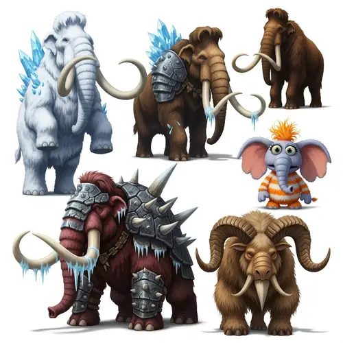 Ice Age-Style Creatures Ensemble: Mammoths and Unique Beasts