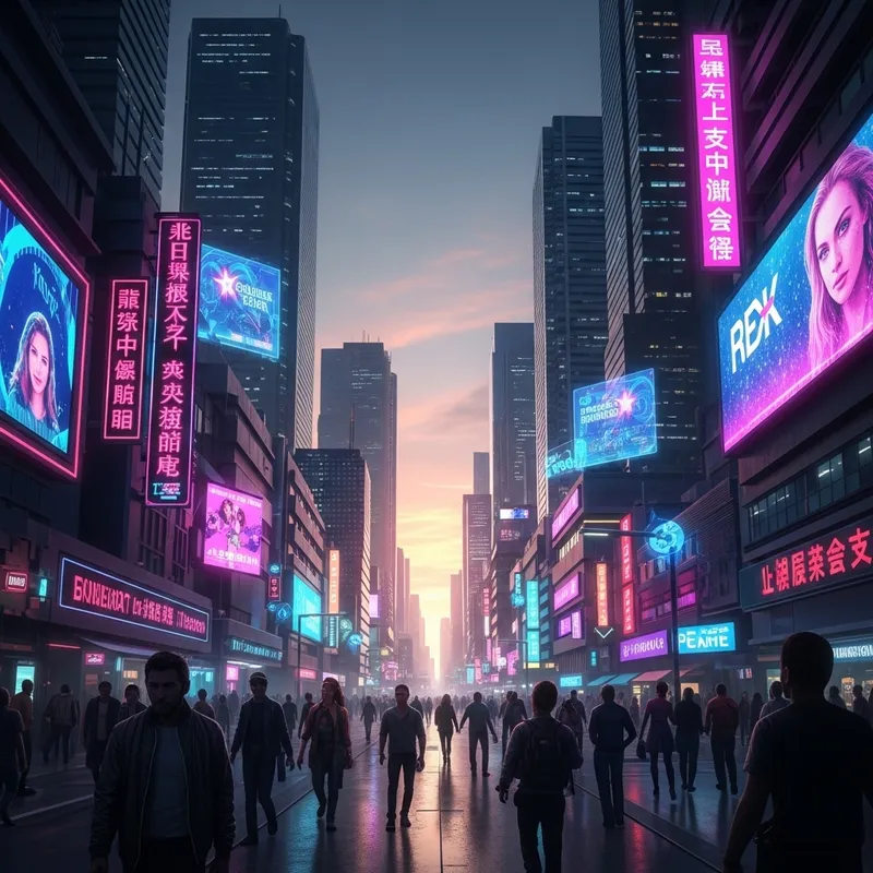 Futuristic Cyberpunk Cityscape: Neon Lights & Skyscrapers