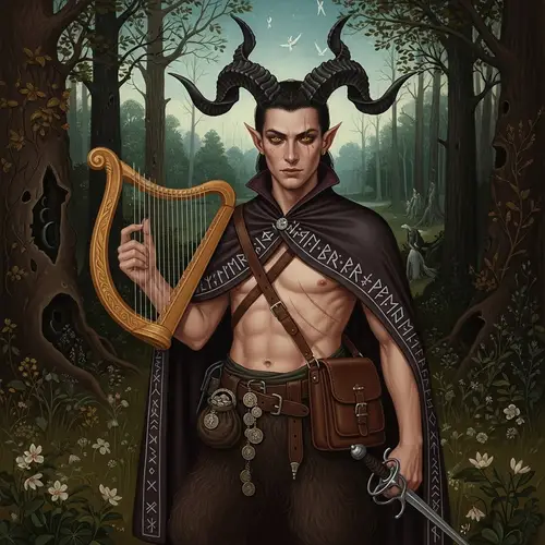 Mysterious Satyr with Magical Harp in Enchanted Forest