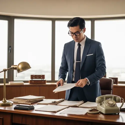 Retro-Styled Asian Business Person at Vintage Desk