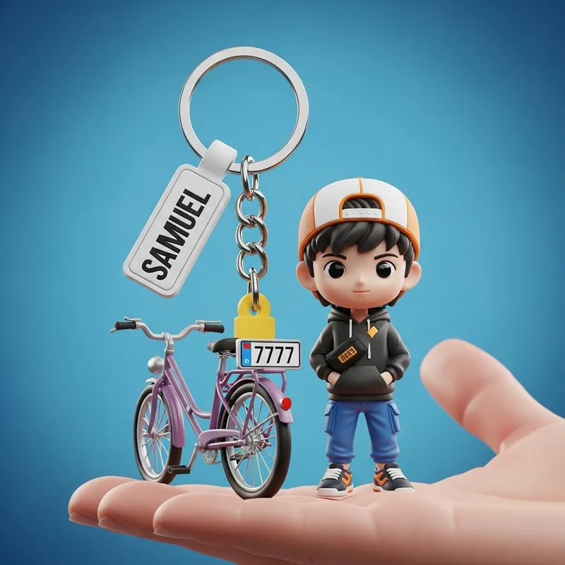 3D Keychain: Isah in Trendy Clothes Standing with Bike | Dynamic Number 7777