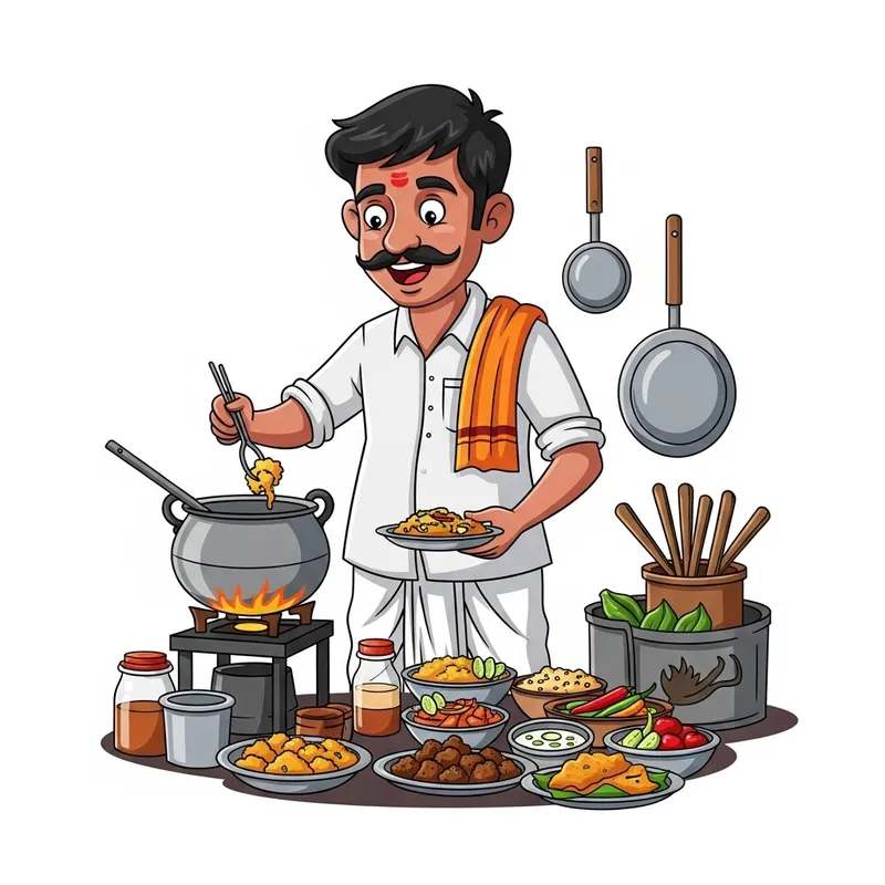 Cartoon Man in Dhoti Cooking Street Food