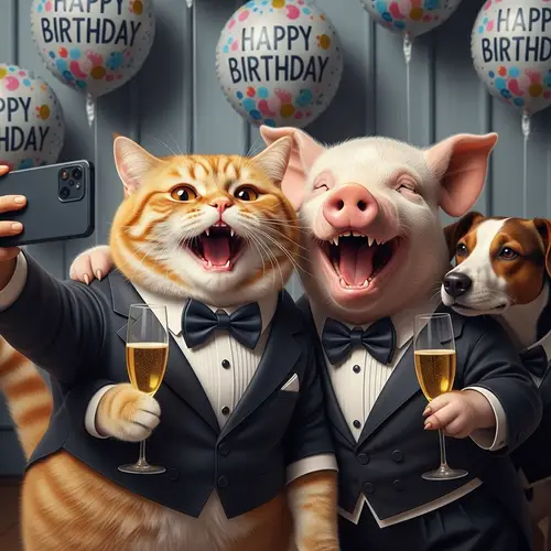 Charming British Cat and Pig Birthday Celebration | Hyperrealism Art
