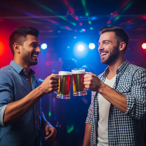 Diverse Men Cheers with Beer in Colorful Club Atmosphere
