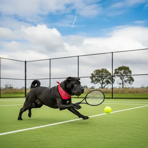 Black Sharpei Dog Playing Tennis - Fun Outdoor Scene