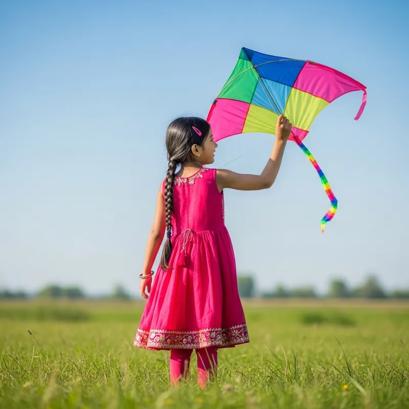 Young Girl Flying Multicolored Kite in Green Meadow