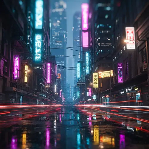 Futuristic Cyberpunk Cityscape: Vibrant Neon Lights & Miniature Effect