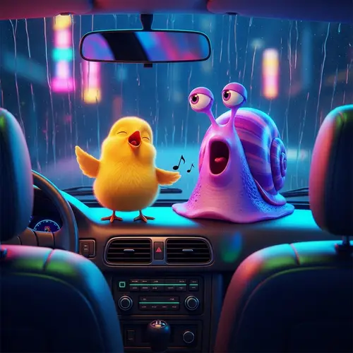 Nighttime Neon-Lit Car Serenade with Tiny Chick and Mollusk