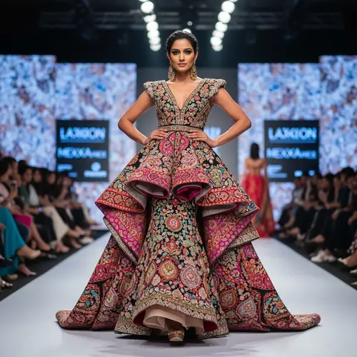 South-Asian Female Model in Vibrant Cascading Design on Runway
