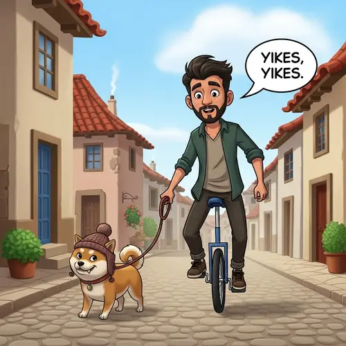 Cartoon Man on Unicycle in Quaint Village with Shiba Inu Dog