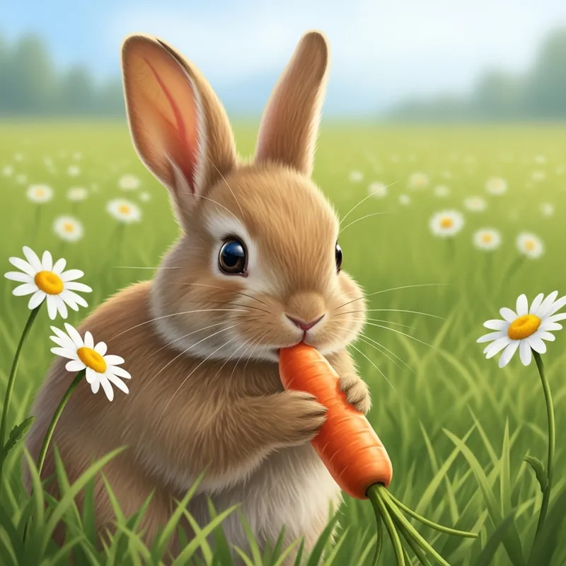 Cute Fluffy Rabbit Eating a Carrot