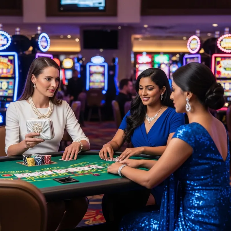 Elegant Casino Women in White and Blue Playing Poker
