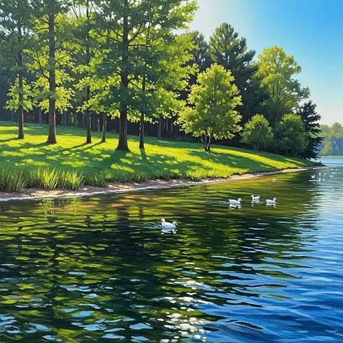 Vibrant Nature Oil Painting: Tranquil Landscape with Trees, Water, and Ducks