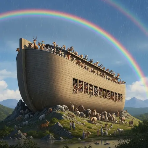 Noah's Ark on Mountain with Rainbow: Biblical Scene of Hope
