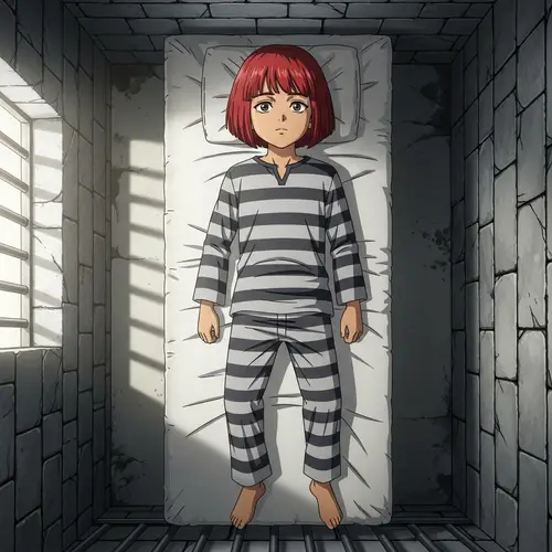 Anime Style Young Boy in Prison: Scarlet Hair Illustration